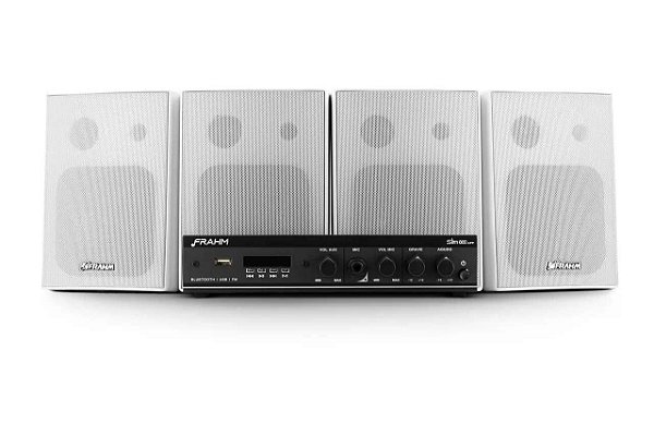 Som Bluetooth Kit Sonorização Frahm Slim 800 + 4 Caixas PS200 Branca com Suporte