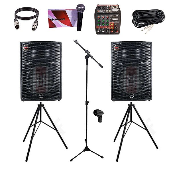 Kit Caixa de Som para Barzinho + Microfone + Mesa de Som + Cabos + Pedestal + Brinde