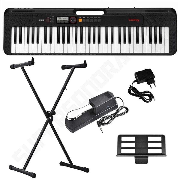 Kit Teclado Musical CASIOTONE CT-S195 CASIO Preto 61 Teclas + Suporte X + Pedal + Fonte Bivolt + Suporte Partituras
