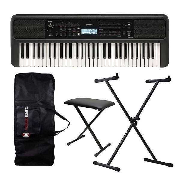 Teclado Yamaha PSR-E383 Preto Arranjador 61 Teclas + Suporte + Banqueta em X + Capa