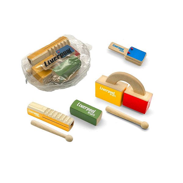 Kit Percussão Infantil Liverpool Reco-Reco, Castanhola, Bloco Sonoro e Chocalho