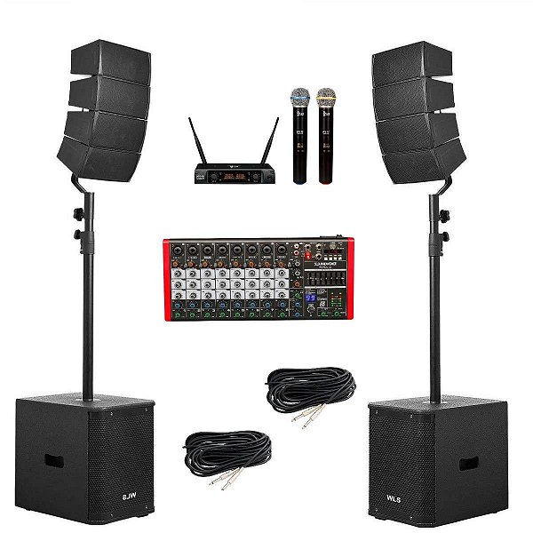 Kit Caixa Acústica Ativa + Ativa WLS PSL12.4 Preta + Microfone Sem Fio + Mesa de Som