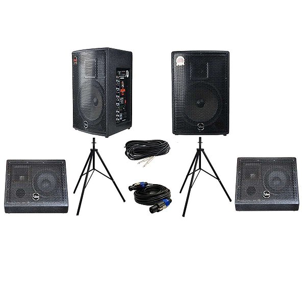 Kit Caixa de Som Leacs Brava 1000 Ativa + Passiva + Retorno Ativo + Passivo + Cabos + Tripés