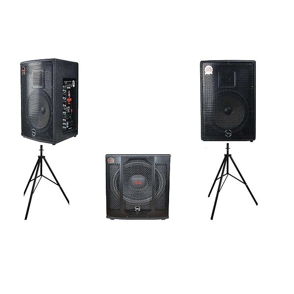 Kit Caixa de Som Leacs Brava 1000 Ativa + Passiva + Subwoofer + Cabos + Tripés
