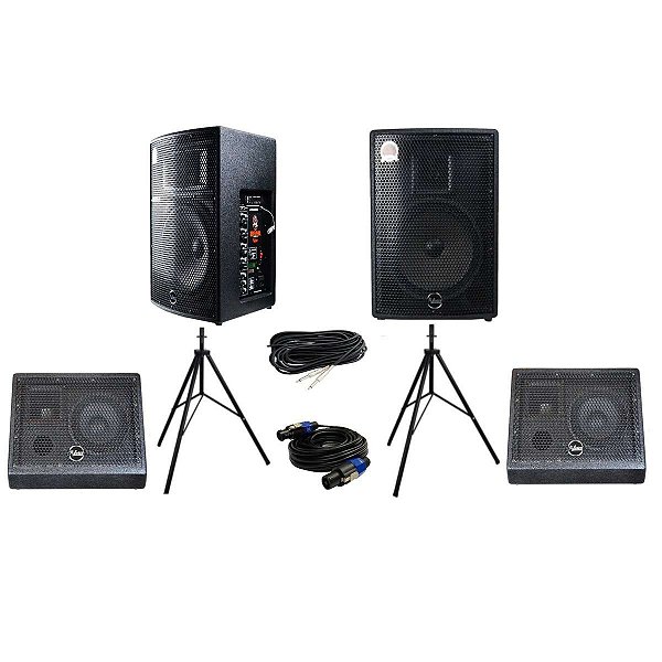 Kit Caixa de Som Leacs Brava 1200 Ativa + Passiva + Retorno Ativo + Passivo + Cabos + Tripés