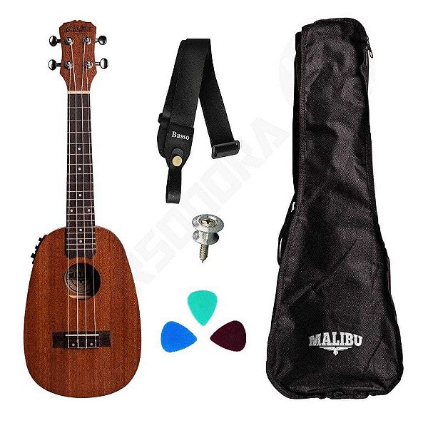 Ukulele Malibu Abacaxi Elétrico Concert 23-SPE Sapele + Capa + Correia + Palhetas + Roldana