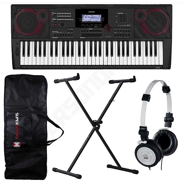 Kit Teclado Musical CT X5000 Preto CASIO 61 Teclas MIDI/USB + Suporte X + Capa + Fone AKG + Fonte