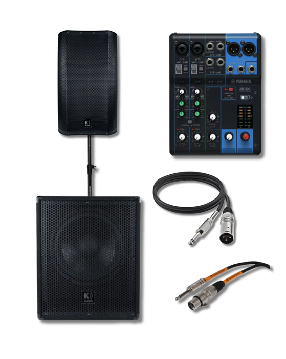 Caixas de Som Amplificadas K-Audio + Mesa Yamaha MG06 - Subwoofer 15" + Caixa Ativa 12" + Brinde