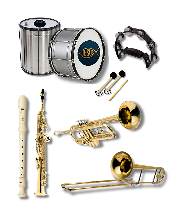Kit Fanfarra Evangélica com Instrumentos de Sopro e Percussão + Brinde