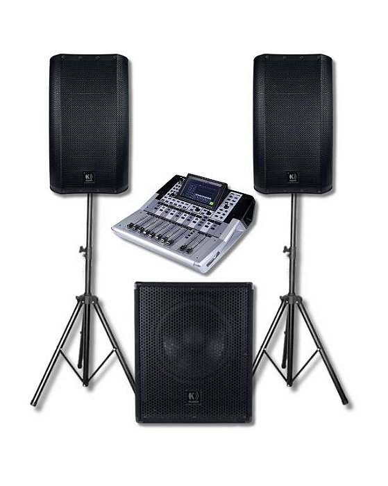 Caixas de Som Amplificadas K-Audio + Mesa Duonn Atrium 12 - 1 Subwoofer 15" + 2 Caixas Ativas 12"