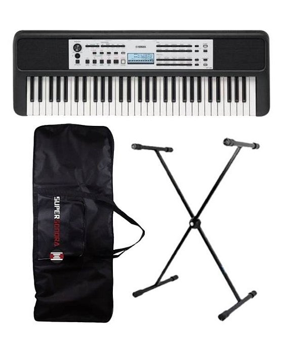 Kit Teclado Yamaha YPT-380 Portátil Preto + Capa + Suporte em X