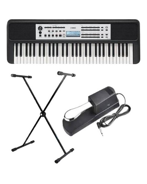 Kit Teclado Yamaha YPT-380 Portátil Preto + Suporte em X + Pedal Sustain