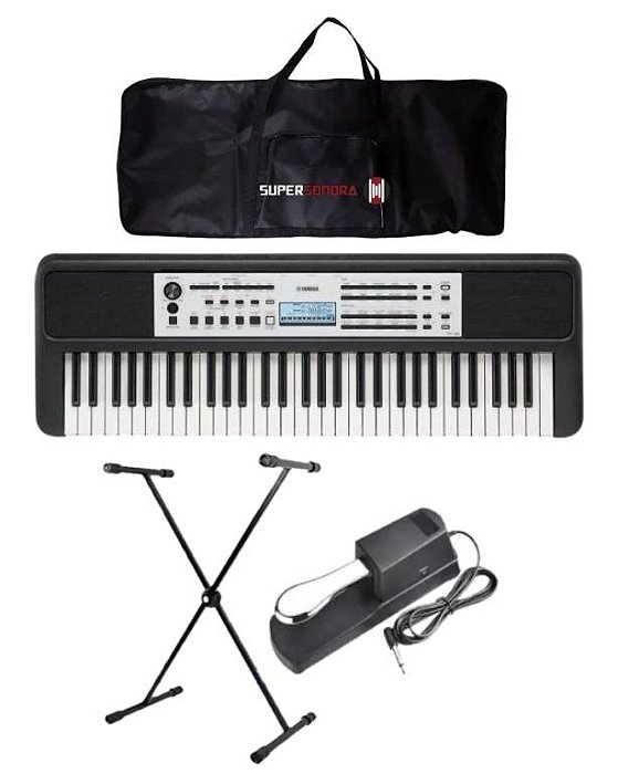 Kit Teclado Yamaha YPT-380 Portátil Preto + Capa + Suporte + Pedal Sustain