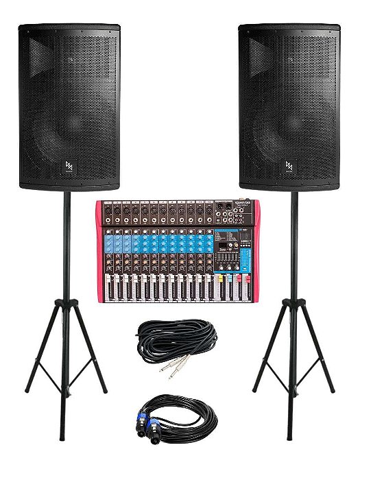 Kit Caixa de Som Ativa + Passiva MK-15 700W RMS Makpro + Mesa Som MS-122 EUX + Tripés + Cabos