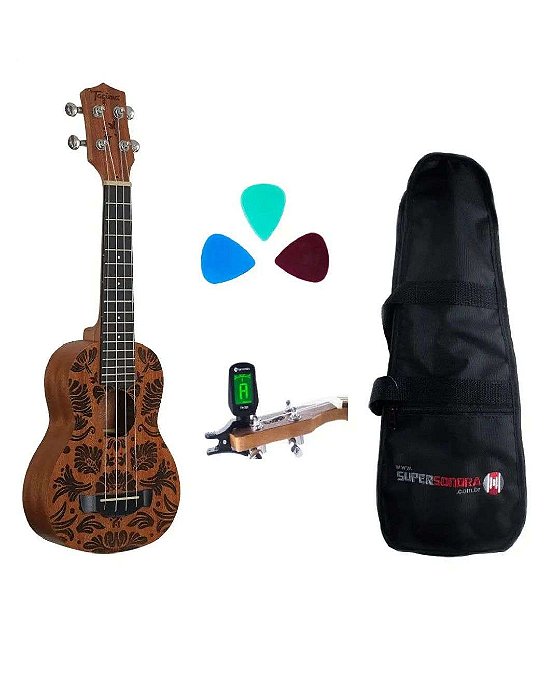 Kit Ukulele Tagima 23k Floral Natural Acústico - Série Havaí + Afinador + Capa + Palhetas