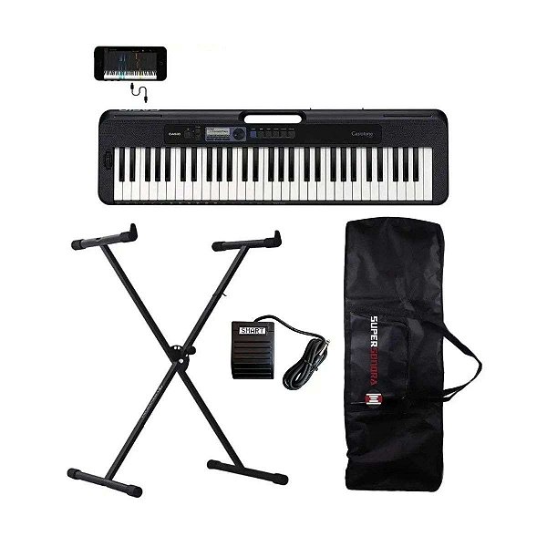 Kit Teclado Musical CT-S300 Preto APP Chordana Play + Suporte em X + Pedal Sustain + Capa