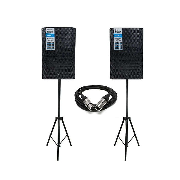 Kit Caixa de Som Ativa 15" RC-1000 Maxx Waldman 2000W + 2 Tripés + 1 Cabo XLR 10 Metros