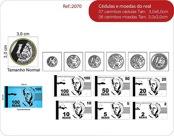 Carimbos Cédulas e Moedas do Real c/13 un.