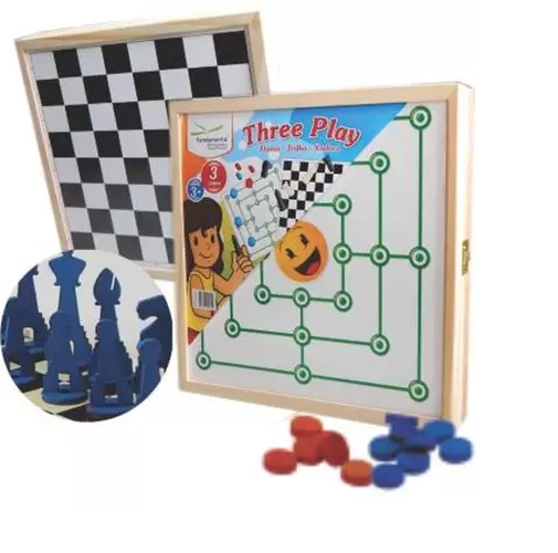 3 em 1 - Dama, Trilha e Xadrez - Cx. Madeira