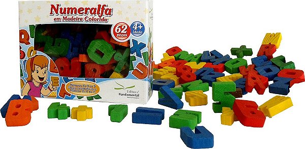 Numeralfa em Madeira colorida c/62 pçs. Cx. Cartonada