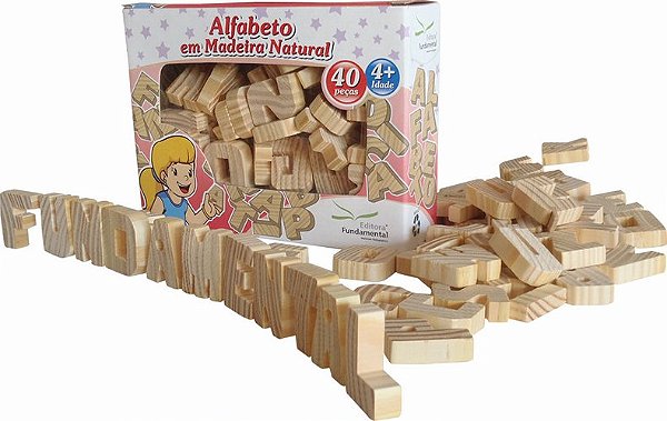 Alfabeto Madeira Natural c/40 pçs. Cx. Cartonada