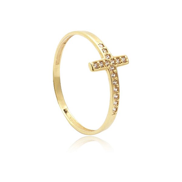 Anel ouro 18k cruz cravejada