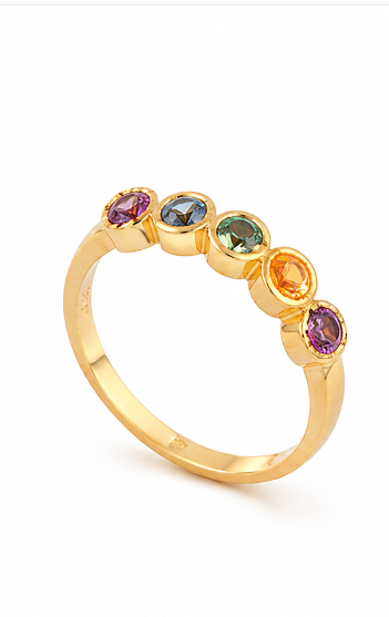 Anel de Ouro Amarelo 18k Aliança com Zircônias Multicores Delicado
