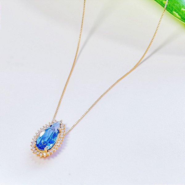 Gargantilha ouro 18K 45cm gota topázio azul london blue com diamantes