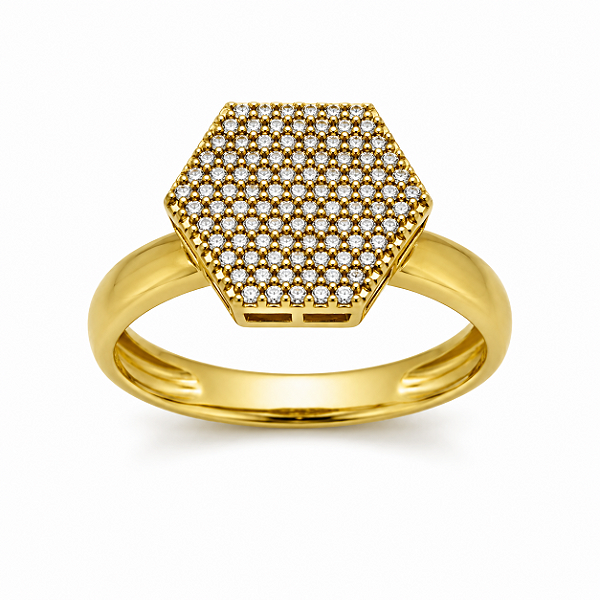 Anel Chuveiro em Ouro 18k, formato hexagonal cravejado de zircônias