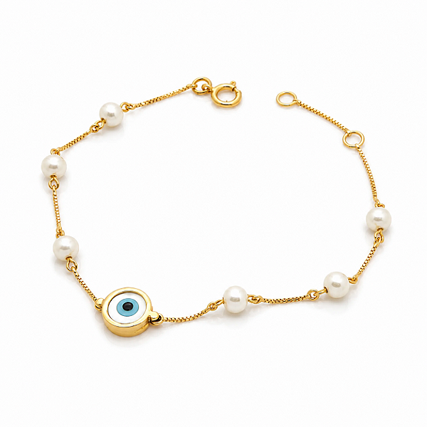 Pulseira Ouro 18k Olho Grego com pérolas