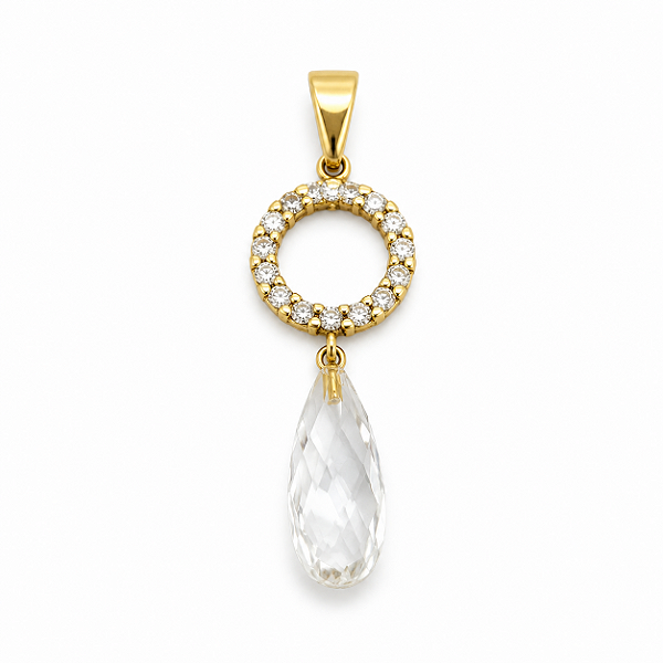 Pingente de ouro 18k com gota de cristal e zircônias