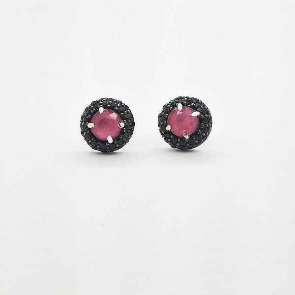 Brinco Prata 925 Redondo com Rubelita e Zircônias Negras