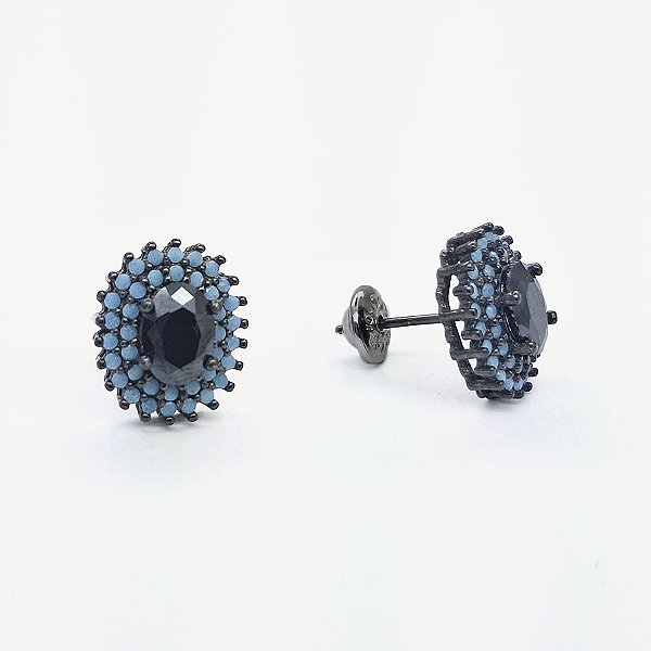 Brinco prata 925 oval com zirconias turquesas