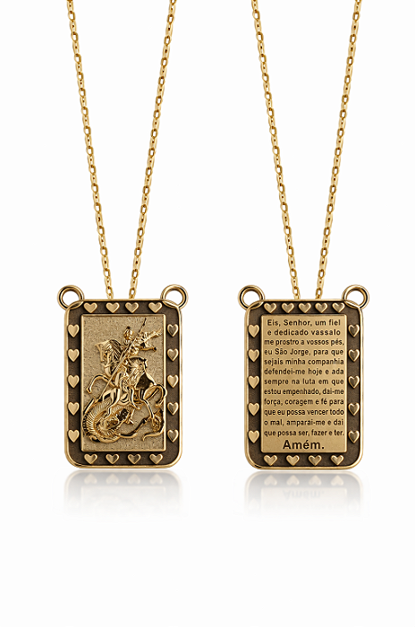 Escapulário Ouro 18k, com ródio, São Jorge vazado.