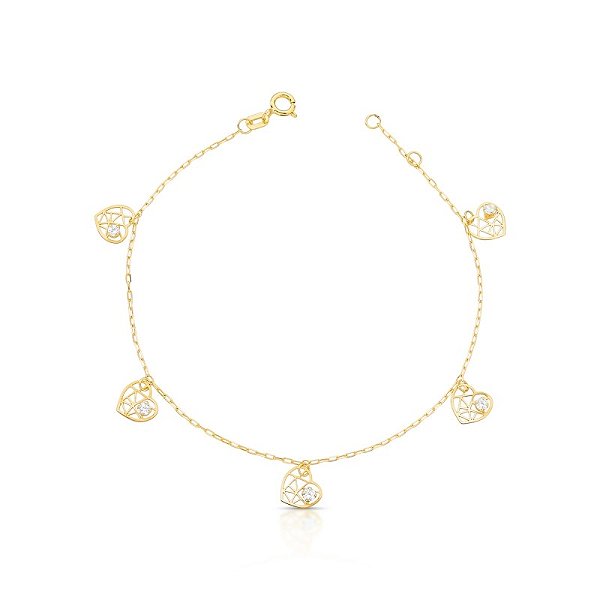 Pulseira Corações Vazados em Ouro 18k com Zircônias