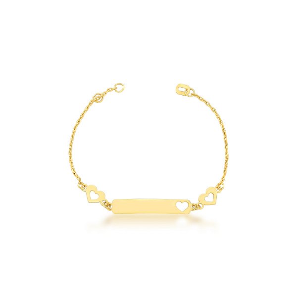 Pulseira Infantil Placa e Corações em Ouro 18k