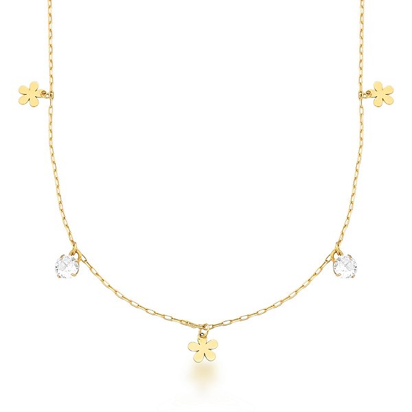 Gargantilha Choker Flores e Pontos de Luz em Ouro 18k