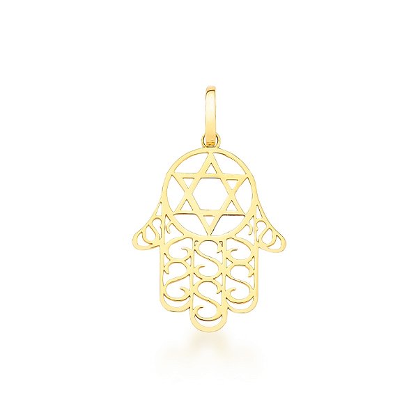 Pingente Mão de Fátima com Estrela de Davi em Ouro 18k