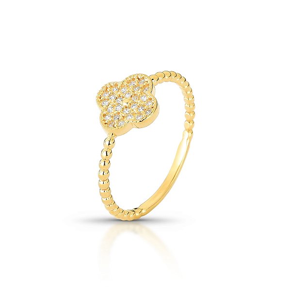 Anel Trevo da Sorte com Aro de Bolinhas em Ouro 18k