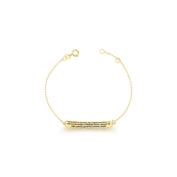 Pulseira Elo Português com Placa "Oração do Santo Anjo" em Ouro 18k