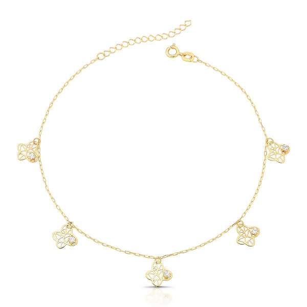 Tornozeleira Borboletas Vazadas e Cravejadas em Ouro 18k