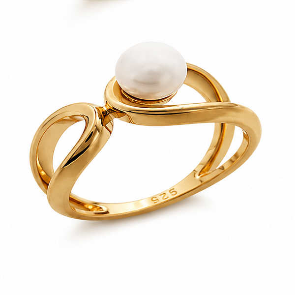 Anel Prata 925 Banho de Ouro 18K com Pérola e Design Infinito Vazado