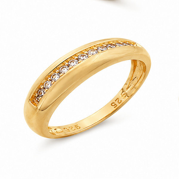 Anel Meia Aliança Prata 925 Banho de Ouro 18K , Cravejado com Zircônias