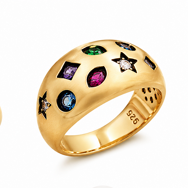 Anel Prata 925 Banho de Ouro 18K com 8 Zircônias Coloridas Abaulado Liso Feminino