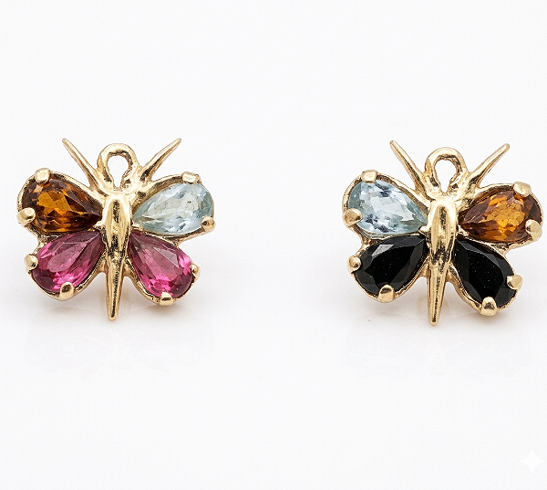 Brinco ouro 18k borboleta com pedras brasileiras