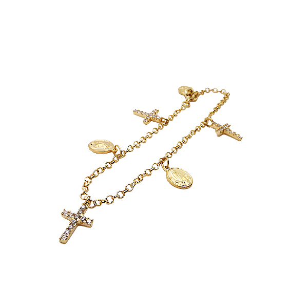 Pulseira prata 925 banho ouro 18k elos portugueses intercalados com medalhas e cruz