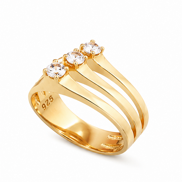 Anel Prata 925 Banho de Ouro 18K com 3 Solitários Clássicos Verticais Feminino