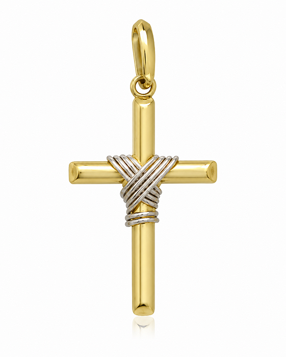 Pingente Cruz Ouro Amarelo e Branco com Corda Oval