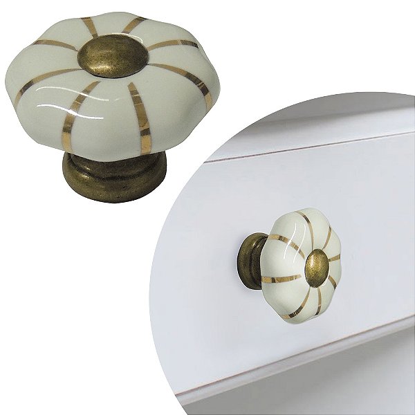 Puxador Cerâmica IL 7022 - Branco/Dourado - 31MM