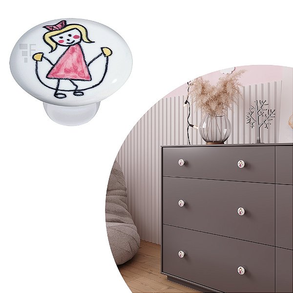Puxador Cerâmica IL 7057 - Menina Vestido Rosa - Corda - 37MM